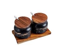 MAGICVOGEL Set of 2 Marble Look Spice Jars with Lid and Spoon, Round Ceramic Spice Containers, Sugar Jars with Tray, Spice Holder for Sugar, Salt, Spices, Herbs (Black)