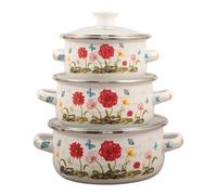 MagiDeal 3Pcs Enamel Stockpot with Lid Enamel Pot Flat Bottom Double Handle Gifts Soup Pots Cooking Pots for Home Restaurant Kitchen, Red Flower