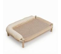 MagiDeal Cat Resting Wooden Bed with Bolstered Edges Woven Center Open Structure and Linen Cooling Mat Suitable for Cat Furniture, Single Layer, 66CM, Hemp Mat, Ice Bean Pillow