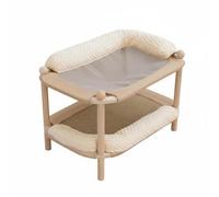 MagiDeal Cat Resting Wooden Bed with Bolstered Edges Woven Center Open Structure and Linen Cooling Mat Suitable for Cat Furniture, Double Layer, 66CM, Hemp Mat + Cooling Mat, Ice Bean Pillow