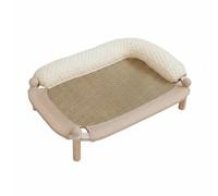 MagiDeal Cat Resting Wooden Bed with Bolstered Edges Woven Center Open Structure and Linen Cooling Mat Suitable for Cat Furniture, Single Layer, 66CM, Cooling Mat, Ice Bean Pillow