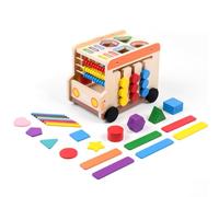 MagiDeal Children Wooden Activity Cube With Rolling Push Cart Shape Sorting Blocks Rotating Gear Bead Abacus Compact Tabletop Build for Fine and Gross Motor