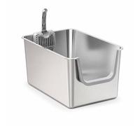 MagiDeal Large Cat Litter Tray Stainless Steel High Sided Pan With Front Door Includes Scooper And Floor Stickers Scratch And Quick Rinse suitable for bigger cats indoor areas, Front Opening
