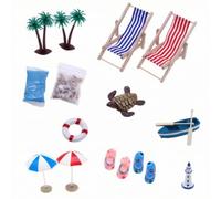 MagiDeal Miniature Kit Coastal Model Set With, Beach Set With Blue And Red Striped Chairs, Palm Trees, Sand, Shells, Turtle, Lifebuoy, Boat, Umbrellas, And Flip-flops