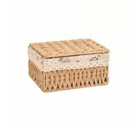 MagiDeal Storage Container Handwoven Basket Box Bin Organizer With Structured Rectangular Shape And Lace Removable Inner Cloth, 22 16 12cm, Classic Style, Medium Size, With Lid