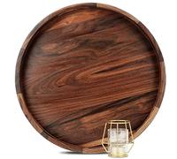 MAGIGO 18 Inches Extra Large Round Black Walnut Wood Ottoman Tray with Handles, Serve Tea, Coffee or Breakfast in Bed, Classic Circular Wooden Decorative Serving Tray
