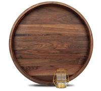 MAGIGO 20 Inches Extra Large Round Black Walnut Wood Ottoman Tray with Handles, Serve Tea, Coffee or Breakfast in Bed, Classic Circular Wooden Decorative Serving Tray