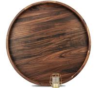 MAGIGO 26 Inches Extra Large Round Black Walnut Wood Ottoman Tray with Handles, Serve Tea, Coffee, Classic Circular Wooden Decorative Serving Tray