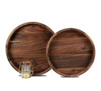MAGIGO Set of 2 Large Round Black Walnut Wood Ottoman Tray with Handles, Serve Tea, Coffee, Classic Wooden Decorative Serving Tray, 12 &14 inches