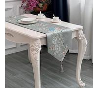 MAGILONA Home Tablecover Decorative Luxurious Cotton Linen Embroidered Floral Pattern Table Runner with Tassel Dining Party 13x83 In (Blue)