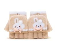 MAGIMODAC Kids Fingerless Flap Cover Gloves Winter Convertible Flip Top Half-Finger Mittens Cute Cartoon Stretch Knitted Mitten Girls Boys Rabbit Khaki