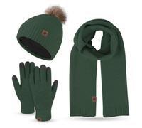 MAGIMODAC Ladies Hat Scarf and Gloves Set Winter Fleece Lined Bobble Beanie Hats Thermal Long Knitted Scarves Fluffy Warm Touchscreen-Gloves Army Green