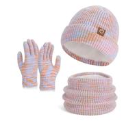 MAGIMODAC Ladies Hat Scarf and Touch Screen Gloves Set Winter Beanie Hats Fleece Lining Thick Knitted Scarves Thermal Windproof Neck Warmer Pink