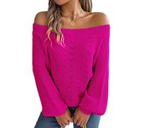 MAGIMODAC Ladies Sweaters Off The Shoulder Knit Jumper Long Sleeve Hollow Out Knitted Pullovers Tops Casual Chunky Knitwear Sweater Autumn Winter Rose M