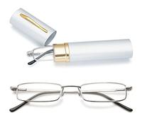 MAGIMODAC Mens Ladies Slim Pocket Reading Glasses Anti Blue Light Blocking Spring Hinge Readers Metal Mini Compact Eyeglasses with Portable Pen Case Silver +3.00