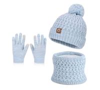 MAGIMODAC Winter Hat Scarf Gloves Set Kids Fleece Lining Pom Pom Beanie Windproof Neck Warmer Warm Knitted Scarves Boys Girls Light Green