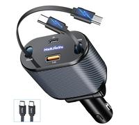 MAGJIEYX Retractable Car Charger, 80W Cigarette Lighter USB Adapter Fast Charging with Dual Type-C Cables & USB-C/USB-A Port for iPhone 16 15 14 13 12Pro Max Plus iPad AirPods Galaxy Car Accessories