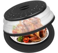 MAGJIUKE 12" Microwave food Cover & Mat,Large Vented Collapsible Splatter Guard dish Plate lid & Silicone Round Kitchen mat