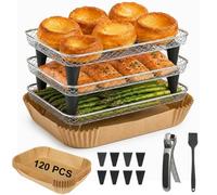MAGLA Ultimate Ninja Air Fryer Accessories Bundle for Dual Drawer: 3-Tier Stackable Stainless Steel Rack & 120 PCS Rectangular Paper Liners, with Anti-Scalding Tong & Silicone Brush, Fits AF300UK etc.