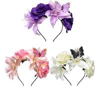 MAGLADY 3 Colors Mexican Flower Headband Crown Headband Festival Floral Headpieces Diadema del Día de los Muertos Rose Flower Headgear for Party, Cosplay Decor, Color 3, 1 Count (Pack of 3)