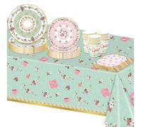 MAGLAUG Afternoon Tea Decorations Paper Party Plates Tableware Set, Floral Paper Disposable Plates Cups Napkins Table Cloth for Garden Party Mother's Day Wedding Baby Shower Anniversary (16guest Set)