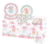 MAGLAUG Afternoon Tea Decorations Paper Plates Tableware Set, Floral Paper Disposable Plates Cups Napkins Table Cloth for Afternoon Tea, Birthday Mother's Day Baby Shower Anniversary (16guest)