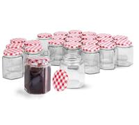 MAGNA RETAIL Hexagonal Jam Jars - Set of 24 | 250ml Capacity | Glass Jars with Lids | Preserving Pots | Screw Top Gingham Lids | Airtight Pickling & Sauce | Wedding Favours | Sweets, Herbs & Spices