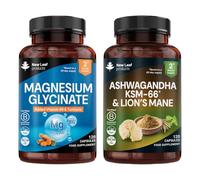 Magnesium Glycinate & Ashwagandha KSM-66 and Lions Mane Bundle - 300mg with Turmeric & Vitamin B6 + 2000mg KSM-66 Ashwaghandha Root Extract and Lions Mane Mushroom - UK Made by New Leaf