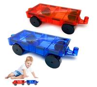 Magnet Bricks Truck, 2 Pcs Magnetic Tiles Expansion Car, Magnetic Construction Set, STEM Toys, Add-ons with Re-Enforced Hitch and Long Bed, for 3 4 5 6 7 8+ Year Old（Red and Blue）