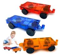 Magnet Bricks Truck, 3 Pcs Magnetic Tiles Expansion Car, Magnetic Construction Set, STEM Toys, Add-ons with Re-Enforced Hitch and Long Bed, for 3 4 5 6 7 8+ Year Old（Red, Blue and Yellow）