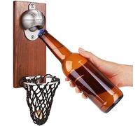 Magnetic Basketball Bottle Opener, Wall Mounted Vintage Wine Opener with Cap Catcher Collector, Wooden Beer Opening Tool for Basketball and Beer Lovers Kitchen Bar Garage Decor
