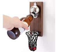 Magnetic Basketball Bottle Opener, Wooden Wall Mounted Opener with Cap Collector Catcher, Gift for Basketball and Beer Lovers, Use as Kitchen-Yard-Bar Decoration.