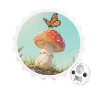 Magnetic Bottle Opener, 3.1 Inch Round Fridge Magnet, Funny Beer Cap Shape Design, Butterfly on Mushroom Bottle Opener for Kitchen, Bar, Office