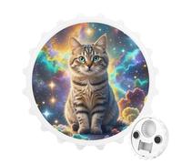 Magnetic Bottle Opener, 3.1 Inch Round Fridge Magnet, Funny Beer Cap Shape Design, Cat Sitting Inside Nebula Bottle Opener for Kitchen, Bar, Office