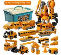 Magnetic Building Toys for Kids, 7 in 1 Construction Vehicle & Robot Transforming Set with 35 Parts, STEM Learning Toys for Boys Girls Age 3 4 5 6 7, Travel STEM Engineering Toy with Storage Box