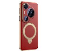 Magnetic Case for Huawei Pura 90/90 Pro/90 Pro Max, Plating Ring Holder Ultra Thin Cover Genuine Leather Camera Protection Shell,90pro,Red
