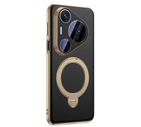 Magnetic Case for Huawei Pura 90/90 Pro/90 Pro Max, Plating Ring Holder Ultra Thin Cover Genuine Leather Camera Protection Shell,90pro max,Black