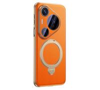 Magnetic Case for Huawei Pura 90/90 Pro/90 Pro Max, Plating Ring Holder Ultra Thin Cover Genuine Leather Camera Protection Shell,90,Orange