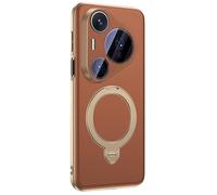 Magnetic Case for Huawei Pura 90/90 Pro/90 Pro Max, Plating Ring Holder Ultra Thin Cover Genuine Leather Camera Protection Shell,90pro,Brown