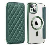 Magnetic Case for iPhone 15 Compatible with MagSafe PU Leather Wallet Card Slots Case Flip Bumper Holster with 3D Soft Touch Design for iPhone 15 - Dark Green