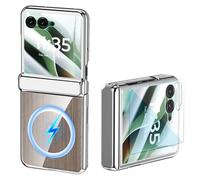 Magnetic Clear Case for Motorola Razr Ultra 2026/2026 with Built-in Screen Protector & Hinge Protection, Transparent Plating Anti-Yellowing Wireless Charging Case for Moto Razr Ultra 2026/2025(Silver)