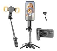 Magnetic Compact Phone Selfie Stick, iPhone Portable Pocket Tripod Stand for Filming, Magnetic Chuck & Clip 2 in 1, with Detachable Remote & 2 Fill Light for Photograph/Live Streaming/Video Recording