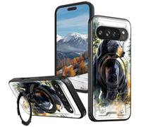 Magnetic Compatible Case for Google Pixel 10 Pro XL 6.8", 360° Invisible Ring Stand, Anti-Drop Anti-Fingerprint Matte Finish, Hybrid PC + TPU Shockproof Phone Cover, Black Bear Nature