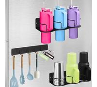 Magnetic Cup Holder for Fridge, 2 Pack Stanley Water Bottle Organizer for Yeti Tumbler Stanley 20/30/40 oz Accessories, Heavy Duty Refrigerator Mug Storage Racks with Lid Hook for Kitchen Organization