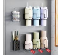 Magnetic Cup Holder for Fridge, Aufworld Tumbler Organizer Fits 20/30/40 oz Stanley Cups, Accessory Storage with Lid & Straw Holder, Space-Saving Storage Rack for Kitchen Fridge (Black-Cup Holder Set)