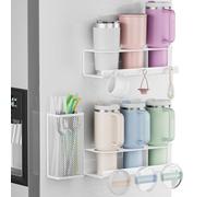 Magnetic Cup Holder For Stanley 20/30/40oz - 2 Pack Tumbler Organizer for Stanley - Water Bottle Organizer for Fridge with Straw Basket & 6 Hooks for Tumbler Cup Lids Accessories Organization White