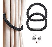 Magnetic Curtain Tie Backs, 2 Pack Braided Rope Curtain Holdbacks with Strong Magnet, 22 Inch Holder Decoration for Thin or Thick Home and Office Curtains, Black