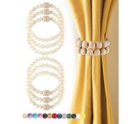 Magnetic Curtain Tiebacks 6 Pack: Boho Curtain Holdbacks Wooden Bead Drape Ties Farmhouse Natural Curtain Ties for Home Bedroom Office Decorative Curtain (Natural, 6)