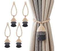 Magnetic Curtain Tiebacks Wood Bead,4Pcs Boho Gray Tassel Curtain Ties Back