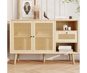 Magnetic Door Sideboard with 1 Drawer Rattan Fronts Solid Wood Legs Adjustable Shelves Black Metal Handle Oak Finish 120 x 40 x 80 cm - Modern Storage Solution